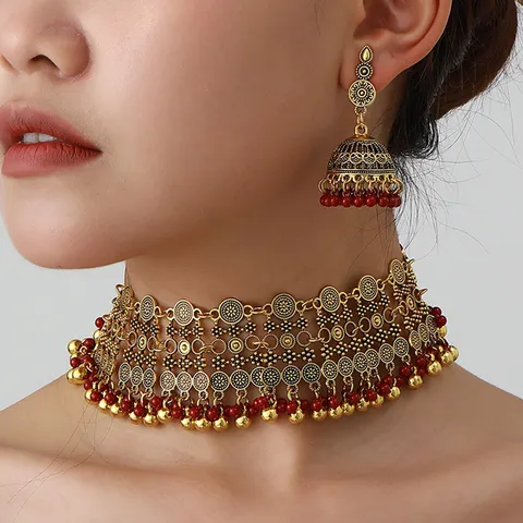 Bohemian Ethnic Style Alloy Necklace And Earrings Set Retro Flower Rhinestone Tassel Jewelry Set For Women Party