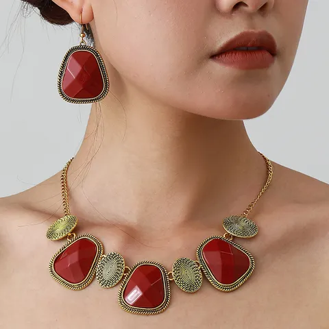 Vintage Ethnic Style Alloy Necklace And Earrings Set Geometric Resin Statement Jewelry For Women Party