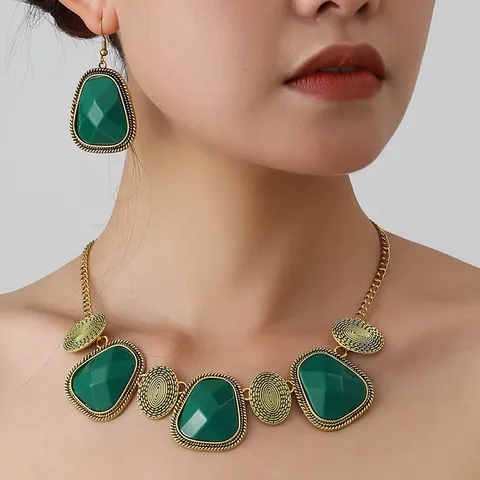 Vintage Ethnic Style Alloy Necklace And Earrings Set Geometric Resin Statement Jewelry For Women Party