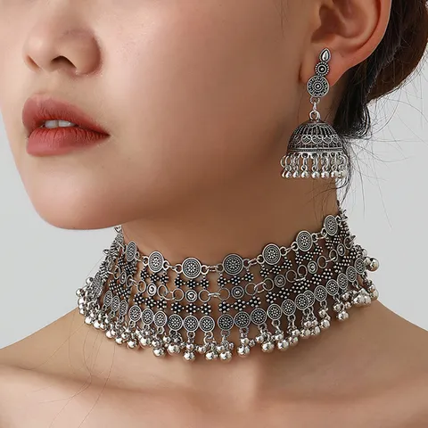 Bohemian Ethnic Style Alloy Necklace And Earrings Set Retro Flower Rhinestone Tassel Jewelry Set For Women Party