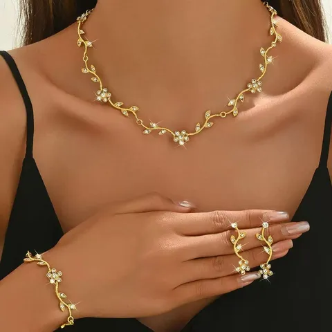 Trendy Fashion Alloy Rhinestone Leaf Necklace Earrings Jewelry Set Women Luxury Choker Sweater Chain Gift