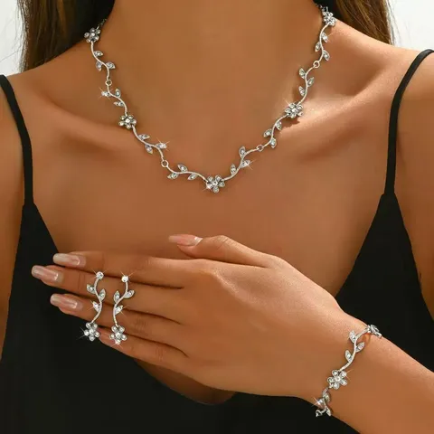 Trendy Fashion Alloy Rhinestone Leaf Necklace Earrings Jewelry Set Women Luxury Choker Sweater Chain Gift