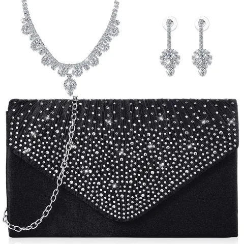 Luxury Alloy Rhinestone Evening Bag And Matching Necklace Earrings Set For Women Fashion Banquet Clutch Purse
