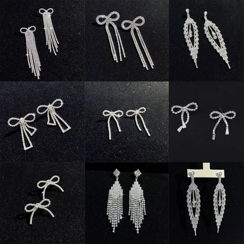 Elegant Bow Tassel Rhinestone Long Dangle Earrings Luxury Alloy Sparkling Crystal Statement Ear Jewelry For Women