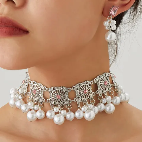 European American Vintage Alloy Bell Earrings Bohemian Ethnic Style Choker Artificial Pearl Necklace Jewelry Set