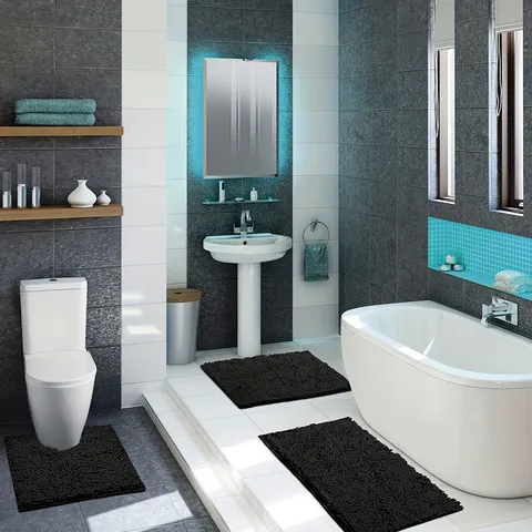 Set Tappetino per Bagno in Ciniglia Antiscivolo Assorbente Tappeto Peloso per Ingresso Arredamento Casa
