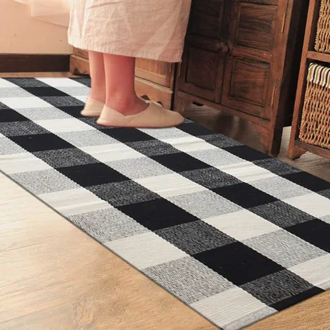 Modern Minimalistisch Baumwoll-Leinen Karo Bodenmatte Handgewebt Geometrischer Teppich Für Wohnzimmer Schlafzimmer Küche