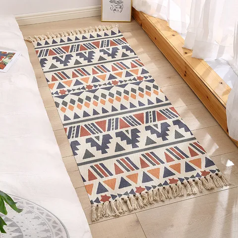 Nordischer Ethnischer Stil Handgewebte Baumwolle Leinen Quaste Bodenmatte Schlafzimmer Bettseite Geometrischer Teppich Wohnzimmer Teppich