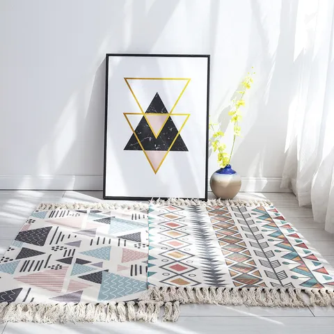 Nordischer Ethnischer Stil Handgewebte Baumwolle Leinen Quaste Bodenmatte Schlafzimmer Bettseite Geometrischer Teppich Wohnzimmer Teppich
