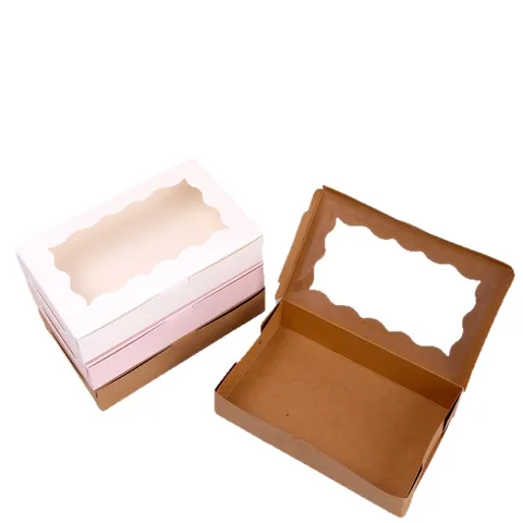 Wit Kraft Roze Papier Cupcake Doos Transparant Venster Klappdeksel Bakkerij Gebak Dessert Koekje Verpakkingsdoos