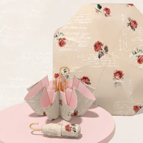 Paraguas Plegable de Protección Solar UV para Mujer Paraguas de Lluvia Impermeable Estampado Floral Vintage Con Mango de Gancho Dorado