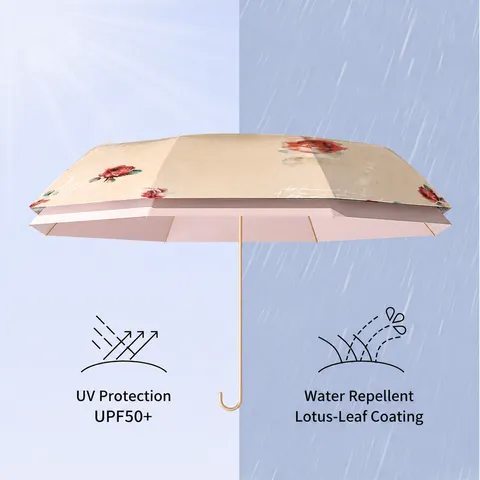 Paraguas Plegable de Protección Solar UV para Mujer Paraguas de Lluvia Impermeable Estampado Floral Vintage Con Mango de Gancho Dorado