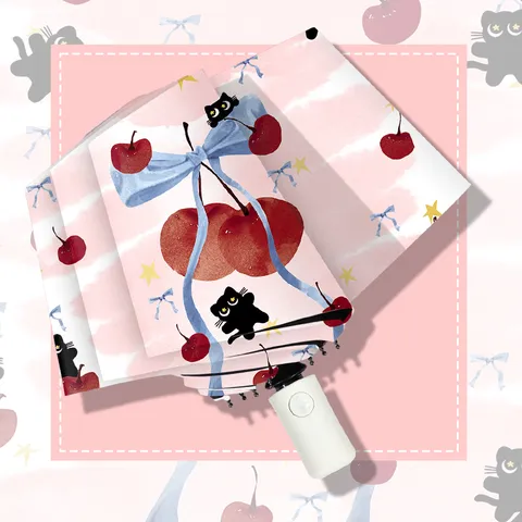 Automatischer Dreifach Klappschirm Schwarzer Kleber UV Schutz Sonnenschirm Cartoon Kirsche Schwarze Katze Klappbarer Sonnenschirm
