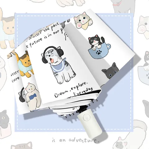 Vollautomatischer Dreifach Klappschirm UV Schutz Black Coating Cartoon Katze Druck Sonnenschirm Regen Schirm Tragbarer Regenschirm