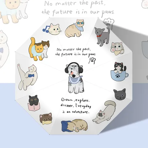 Vollautomatischer Dreifach Klappschirm UV Schutz Black Coating Cartoon Katze Druck Sonnenschirm Regen Schirm Tragbarer Regenschirm