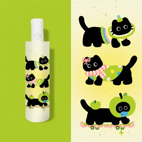 Sombrilla Plegable Automática de Tres Pliegues Revestimiento Negro Anti UV Protector Solar Sombrilla Gato Negro de Dibujos Animados Plegable