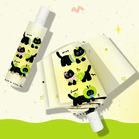 Automatischer Dreifach Faltbarer Regenschirm Schwarze Beschichtung Anti UV Sonnenschutz Schirm Cartoon Schwarze Katze Faltbarer Schirm