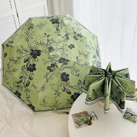 UV Schutz Klappbarer Schirm Schwarzer Kleber Ölgemälde Blumen Sonnenschirm Tragbarer Regenschirm Für Damen