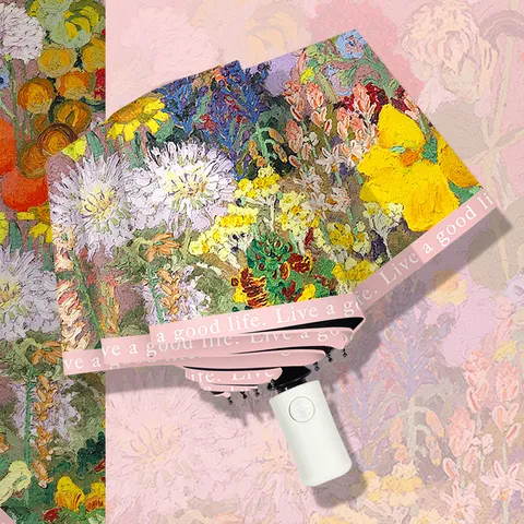 Paraguas Plegable Sol Lluvia Pintura al Óleo Estampado Floral Automático Manual Protección UV Paraguas Compacto