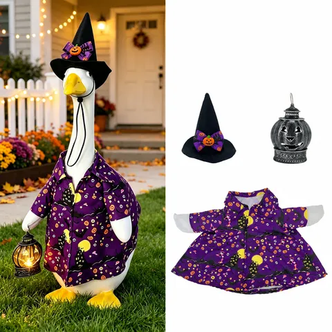 Halloween Porch Goose Costume Set Purple Castle Pumpkin Print Clothes With Witch Hat Glowing Lantern Yard Holiday Decoration
