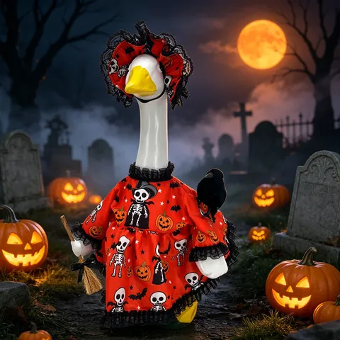 Costume da Halloween per Oca da Portico Abito da Strega Con Cappello Scopa Corvo Motivo Zucca Teschio Giardino Decorazione Festiva