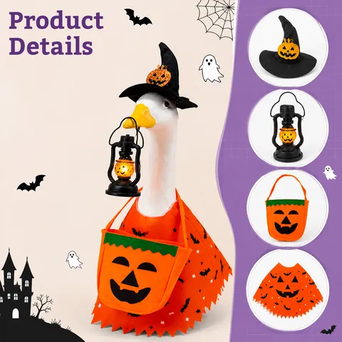 Set Costume da Ganso per Halloween Mantello Zucca Teschio Cappello da Strega Lanterna Decorazione da Giardino per Statua