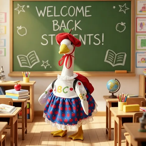 Back To School Season Porch Goose Outfit Set Fabric Apple Theme 23 Inch Large White Goose Decorative Ornament Clothing Three-Piece Suit With Backpack Beret Hat For Front Yard Porch Decoration