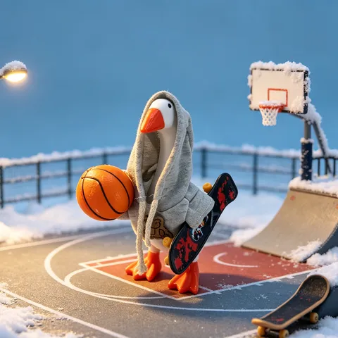 Sporty Desktop Goose Outfit Hoodie Set With Mini Skateboard Basketball Tennis Racket Accessories For Figure Doll Decor