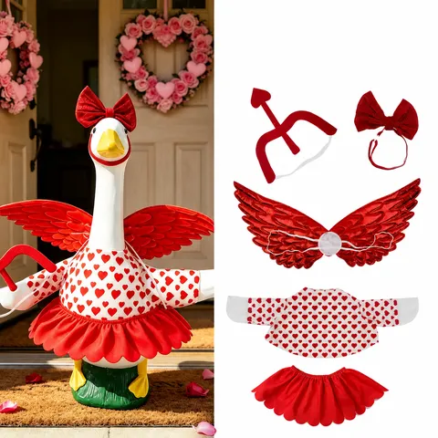 Valentijnsdag Porch Goose Kostuum Set Cupido Vleugels Rood Hart Print Rok Strik Hoed Voor Huisdier Feestdecoratie Accessoires