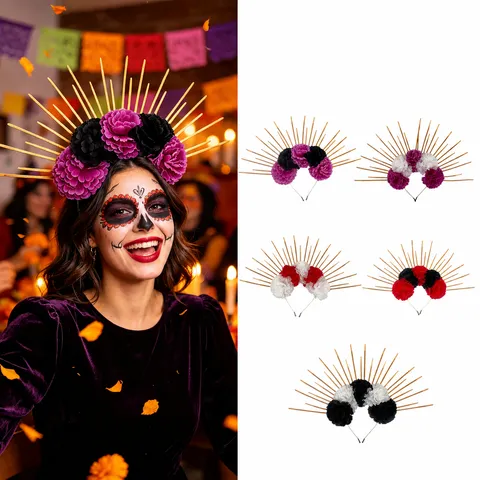 Mexican Day Of The Dead Floral Headband Sunburst Halo Crown Rose Flower Headband Halloween Party Costume Accessories Hair Hoop For Women