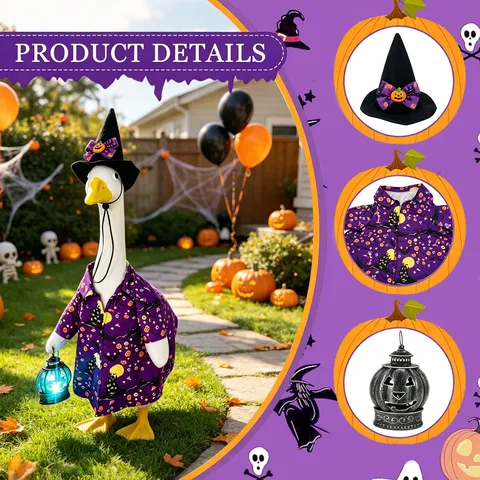 Halloween Porch Goose Costume Set Purple Castle Pumpkin Print Clothes With Witch Hat Glowing Lantern Yard Holiday Decoration