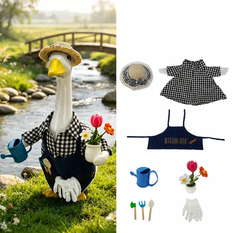 Disfraz de Ganso de Porche Traje de Jardinería Camisa a Cuadros Sombrero de Paja para Decoración de Ganso