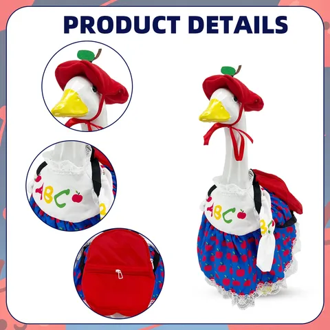 Back To School Season Porch Goose Outfit Set Fabric Apple Theme 23 Inch Large White Goose Decorative Ornament Clothing Three-Piece Suit With Backpack Beret Hat For Front Yard Porch Decoration