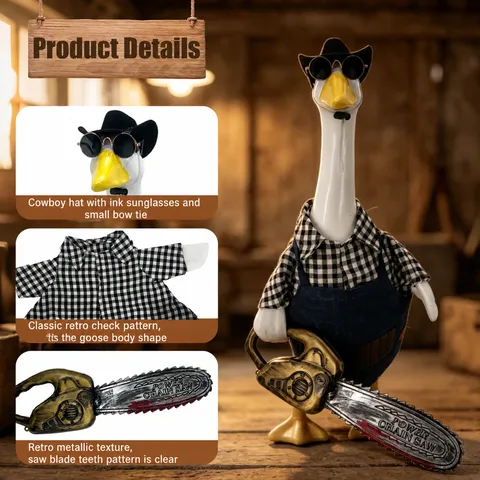 Conjunto de Ropa de Leñador para Ganso de Porche Camisa a Cuadros Delantal de Denim Sombrero Gafas de Sol Mini Motosierra de Juguete Exterior Césped Patio Decoración Estatua Accesorios Ropa