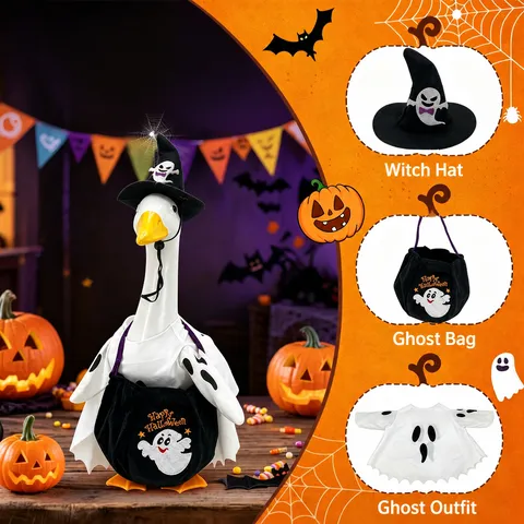 Halloween Garden Goose Costume Ghost Outfit Set With Wizard Hat Bag Porch Yard Lawn Outdoor Decoration Black White Polyester