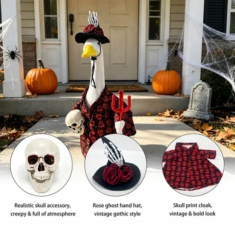 Set di Costumi da Oca per Portico con Scheletro di Halloween per Decorazione Oca da 23 Pollici Motivo a Teschio Rosso Nero Decorazione per Giardino Festivo con Cappello da Strega Teschio Tridente