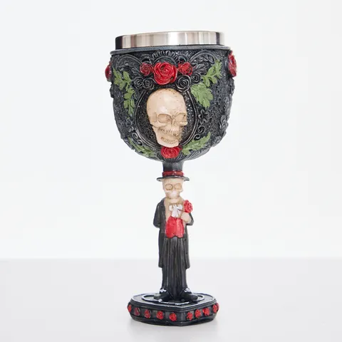 Calice Cranio Vampiro Gotico Resina Acciaio Inossidabile Bicchiere da Vino Antico Scheletro Rosa Rossa Festa Retro Bar