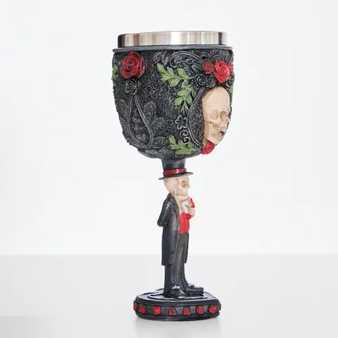 Calice Cranio Vampiro Gotico Resina Acciaio Inossidabile Bicchiere da Vino Antico Scheletro Rosa Rossa Festa Retro Bar