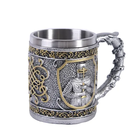 Medieval Skull Beer Mug Stainless Steel Resin Gothic Drinking Cup Antique Retro Tableware Home Bar Decor