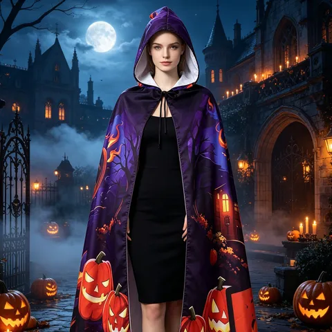 Halloween Horned Hooded Cape Adult Witch Pumpkin Devil Print Cloak Party Costume Cosplay Robe Mysterious Printed Cape