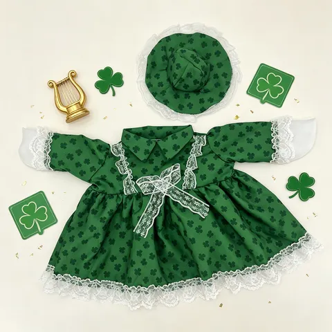 Atuendo de Ganso de Porche para el Día de San Patricio Conjunto de Vestido Verde con Estampado de Trébol y Sombrero Decoración de Jardín
