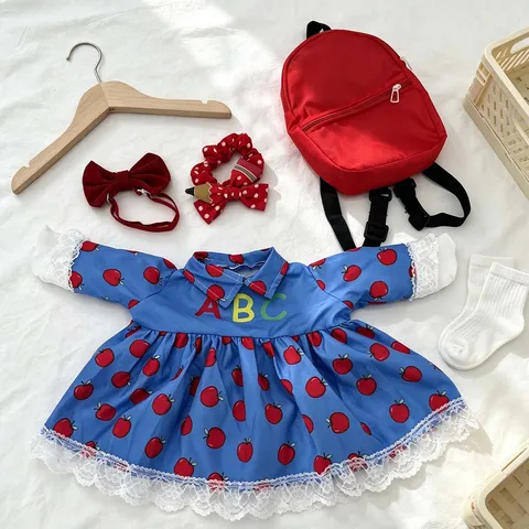 Terug naar School Porch Goose Kleding Set Blauw Appel Print Kant Jurk Rode Rugzak Boog Accessoire Voor Tuin Gans Decor