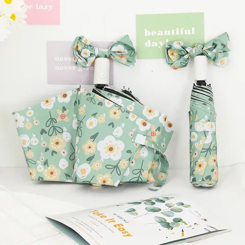 Sombrilla Plegable para Mujer Automática Manual Protección UV Paraguas de Lluvia Pintura al Óleo Estampado Floral Parasol con Lazo