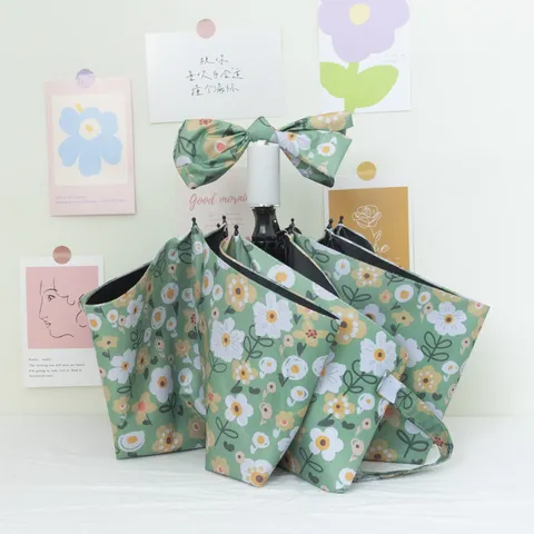 Sombrilla Plegable para Mujer Automática Manual Protección UV Paraguas de Lluvia Pintura al Óleo Estampado Floral Parasol con Lazo