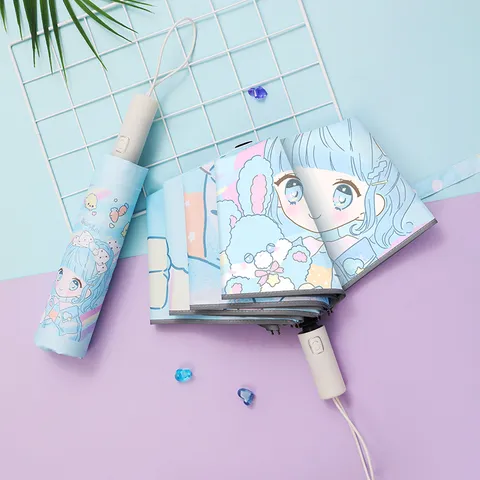 Children Folding Automatic Umbrella Cartoon Anime Girl Anti Rebound Safe Reflective Strip Kids Rain Umbrella