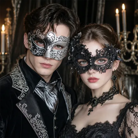 Venetian Masquerade Couple Masks Set Vintage Lace Rhinestone Butterfly Eye Mask Delicate Glitter Painted Half Face Mask For Halloween Carnival Party Ball Decor