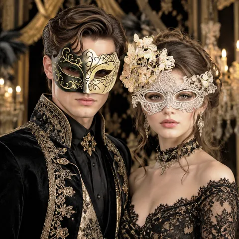 Venetian Masquerade Couple Masks Set Vintage Lace Rhinestone Butterfly Eye Mask Delicate Glitter Painted Half Face Mask For Halloween Carnival Party Ball Decor