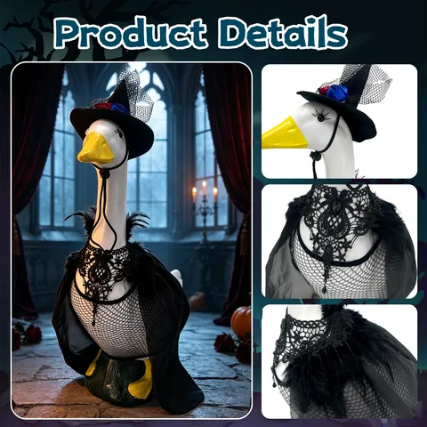 Halloween Porch Goose Costume Set Wizard Cape Hat Lace Collar Accessory For Outdoor Yard Garden Statue Decor Lady Rose