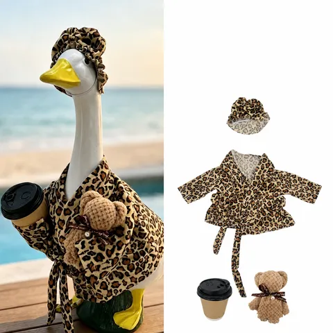 Leopardenmuster Veranda Gans Outfit Für Garten Gans Statue Kleidung Mit Bademantel Hut Kaffeetasse Bär Zubehör Dekorative Bekleidung