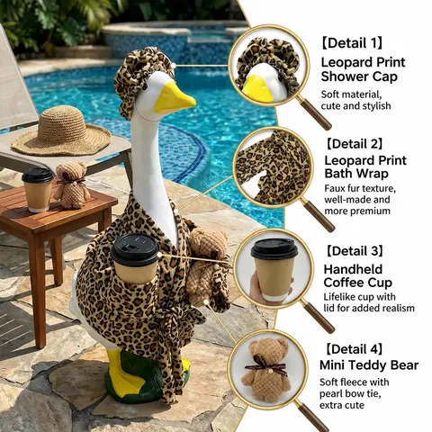 Leopardenmuster Veranda Gans Outfit Für Garten Gans Statue Kleidung Mit Bademantel Hut Kaffeetasse Bär Zubehör Dekorative Bekleidung
